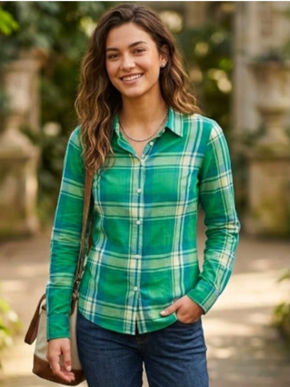 Prana Green Organic Cotton Plaid Button-Down Shirt Sz XS
